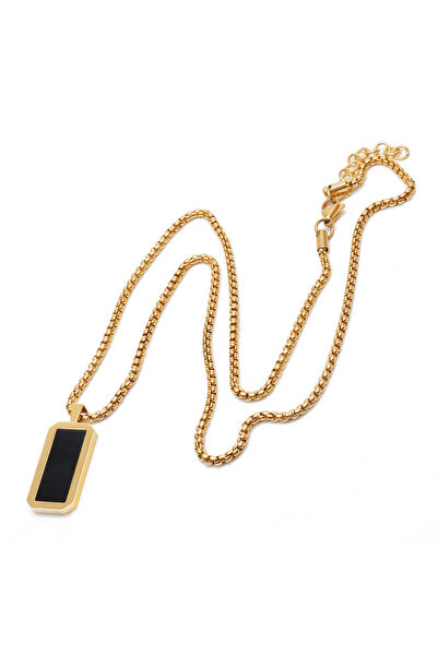 GT Collection Pánský zlatý náhrdelník s obdélníkovým přívěskem z energetických kamenů ČERNÉHO ONYXU, univerzální velikost