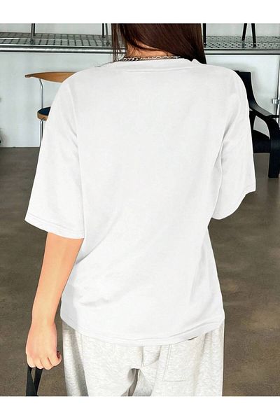 Frisson Cotton Oversize White Crew Neck Casual T-Shirt "Blue Bear" Printed T-Shirt