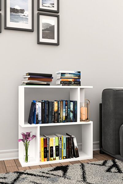 Remaks Belek 2 Raflı Asimetrik Kitaplık Çok Amaçlı Dekoratif Ofis Kitaplık Raf Beyaz