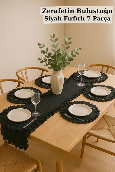 KAMİZ Black Ruffled Linen Runner & 6-Piece Ruffled Supla Set - 7 Piece Dowry Set