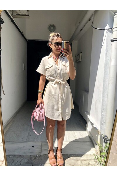 Gözde Tasarım Butik Women's Beige Shirt Collar Buttoned Belt Safari Style Pocketed Short Sleeve Summer Flam Linen Dress