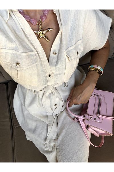 Gözde Tasarım Butik Women's Beige Shirt Collar Buttoned Belt Safari Style Pocketed Short Sleeve Summer Flam Linen Dress
