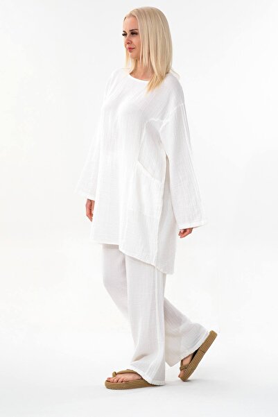 Fashion Showcase Muslin Tunic 100% Cotton Pocket Detail Loose Muslin Dress Hijab White