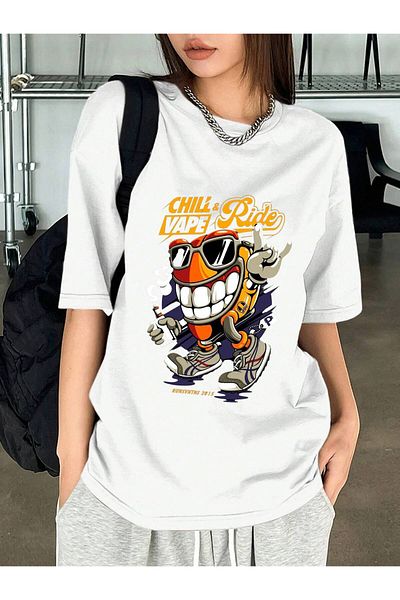 Frisson Cotton Oversize White Crew Neck Casual T-Shirt "Chill Ride Vape" Printed T-Shirt