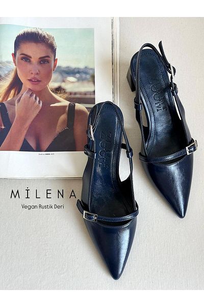 Zuum Milena Open Back Thick Heeled Women's Shoes - Navy Blue Rustic