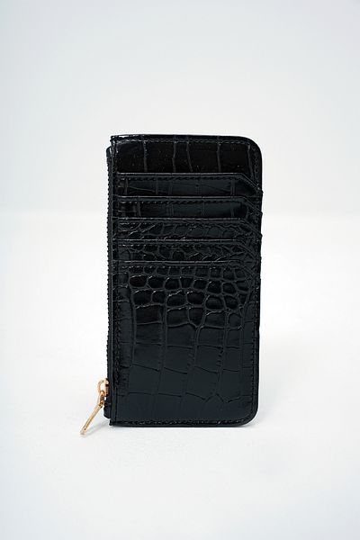 VAGGON Women's Black Faux Leather Zippered Coin Compartment Croco Pattern Slim Card Holder Prmx14078