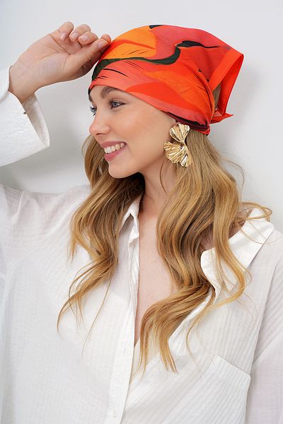 VAGGON Women's Orange Leaf Patterned Bandana Scarf Prmx14158