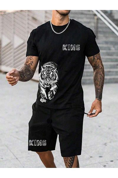 LUNAVISTA Boys summer stylish short sleeve tiger print shirt and shorts set