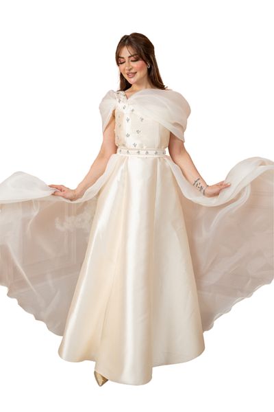 Nice Model Dawn Sparkle Taffeta Evening Gown with Off‑Shoulder Organza and Embellished Bodice