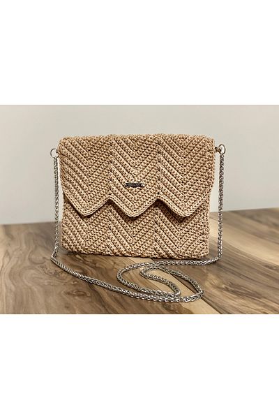 RELYA Women's Macrame Latte Color Strap Knitted 2 Snap Shoulder Bag Width 22 cm Length 18 cm Depth 1.5 cm