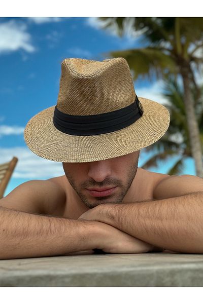 LAGRANZE Summer Men's Black Ribbon Banded Straw Fedora Hat