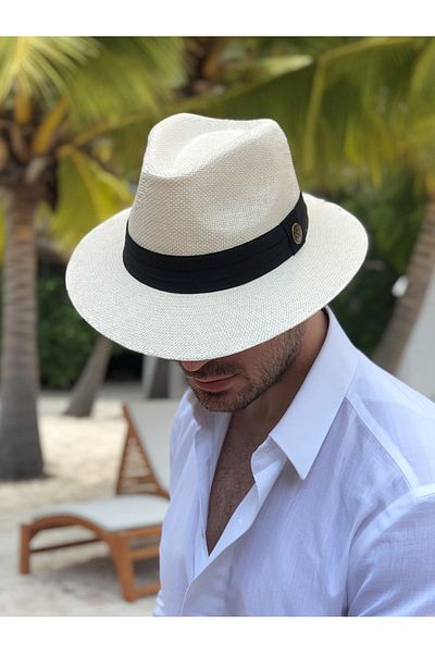 LAGRANZE Summer Men's Black Ribbon Banded Straw Fedora Hat