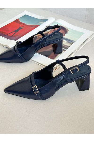 Zuum Milena Open Back Thick Heeled Women's Shoes - Navy Blue Rustic
