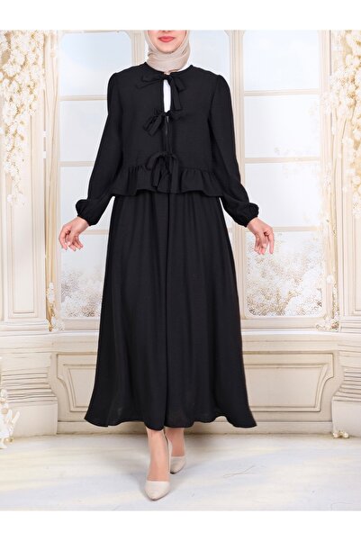 Modamorfo Lace-Up Front Sleeve Elastic Skirt Suit - Black