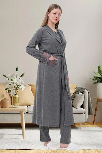 Mecit Pijama Maternity Guipure Detailed Short Sleeve 3-Piece Pajama Set with Morning Dress 75% Cotton 25% Viscose