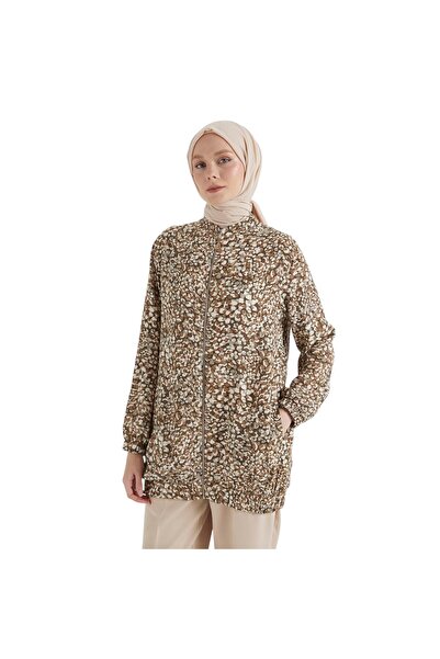 Armine Women's Brown Jacket with Elastic Hem and Zipper 25Yt529