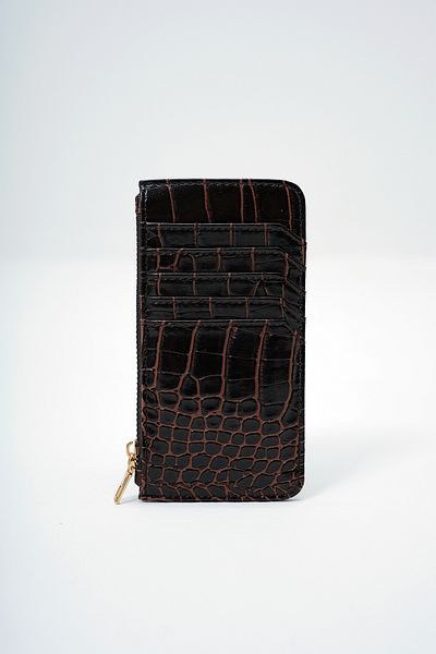 VAGGON Women's Bitter Brown Faux Leather Zippered Coin Compartment Croco Pattern Slim Card Holder Prmx14078