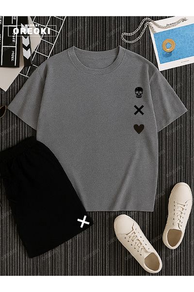 EFFRENATU Love, Death Printed Cotton Unisex Gray T-Shirt-Black Shorts Set