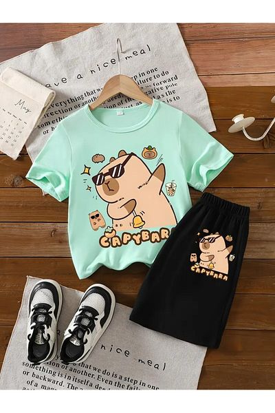 buendiakids Girl'S\Boy's Aqua-Green-Black Cool Capybara Printed Combed Cotton Shorts-Tshirt Set
