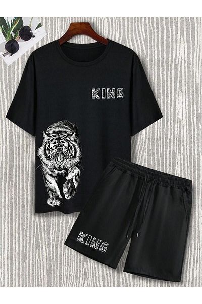 LUNAVISTA Boys summer stylish short sleeve tiger print shirt and shorts set
