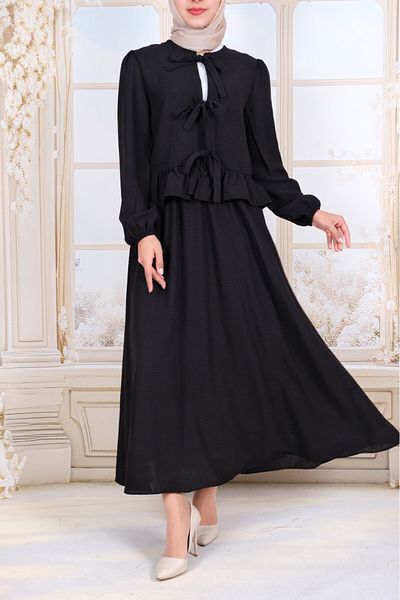Modamorfo Lace-Up Front Sleeve Elastic Skirt Suit - Black
