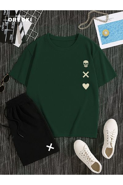 EFFRENATU Love, Death Printed Cotton Unisex Forest Green T-Shirt-Black Shorts Set