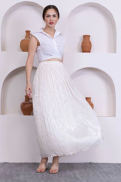 lodmela Crinkle Detailed Skirt 6034-Cream