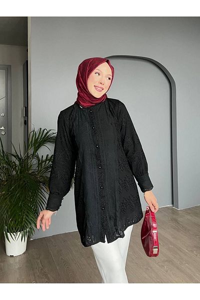 Modamorfo Lace Collar and Sleeves Ball Button Lined Shirt - Black