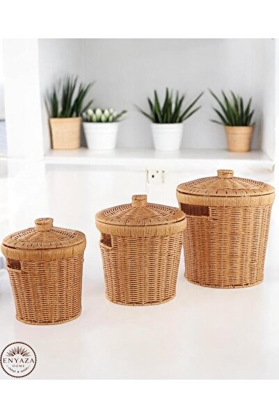 Home 3'lü Hasır Kapaklı Patates Soğan Sepeti Seti | Rattan Görünümlü Çok Amaç...