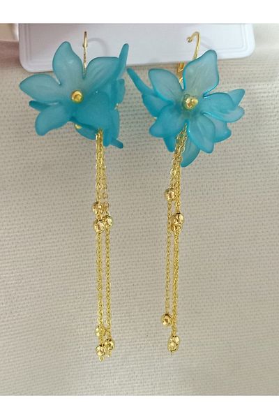 mos&more Blue Flower Gold Dangle Long Women's Earrings