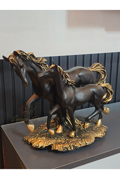 LH Lavinya Home Biblo Tablalı Yavrulu At 35x28 cm | Siyah Gold Dekoratif Tasarım
