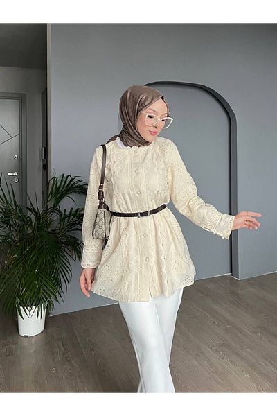 Modamorfo Lace Collar and Sleeves Ball Button Lined Shirt - Beige