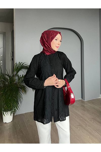 Modamorfo Lace Collar and Sleeves Ball Button Lined Shirt - Black