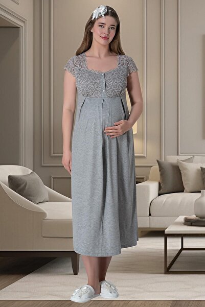 By Mecit Pijama Guipure Detailed Short Sleeve Maternity 2-Piece Nightgown Set with Morning Cap 75% Cotton 25% Viscose