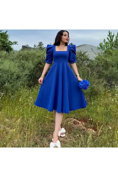 GDS BUTİK Watermelon Sleeve Midi Length Flared Square Collar Dress