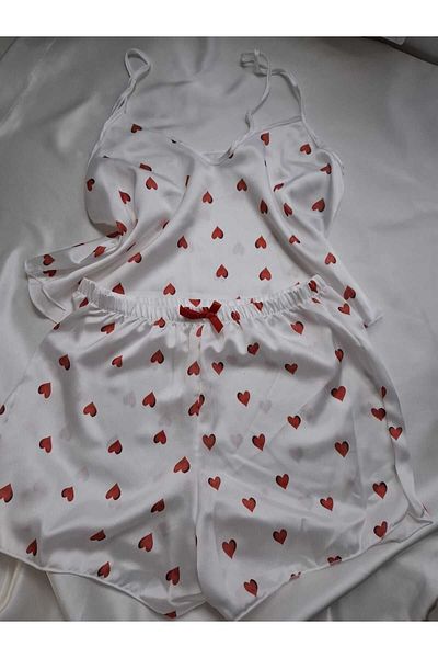 RUKOD Women's White Heart Patterned Satin Pajamas Dowry Set with Adjustable Rope Strap Shorts