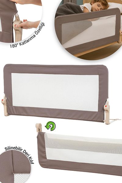 Wellgro Premium 150X65 cm Bed Barrier with Leather Cover, Folding Bed Rail, Brown