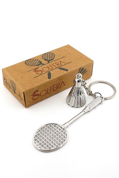Solfera Badminton Ball and Racquet Sportsman Tennis Silver Color Metal Keychain Kc351