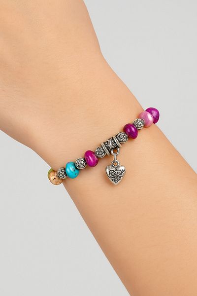 ÖZKAHRA TEKSTİL Women's Bracelet with Colorful Natural Stone Heart Charm