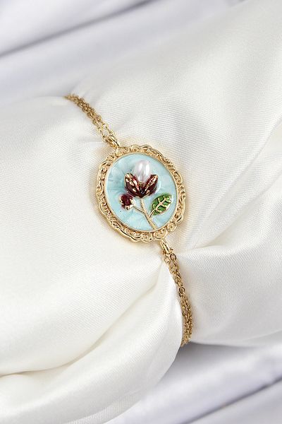 BESKAR 316L Steel Chain Turquoise Enamel Artistic Portrait Pearl Detailed Tulip Model Gold Color Women's Bracelet