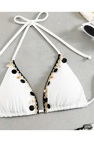 İthal Τριγωνικό λευκό σετ μπικίνι με λεπτομέρειες από πούλιες