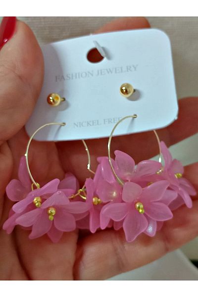 mos&more 4 Pieces Pink Flower Gold Hoop Earrings for Women