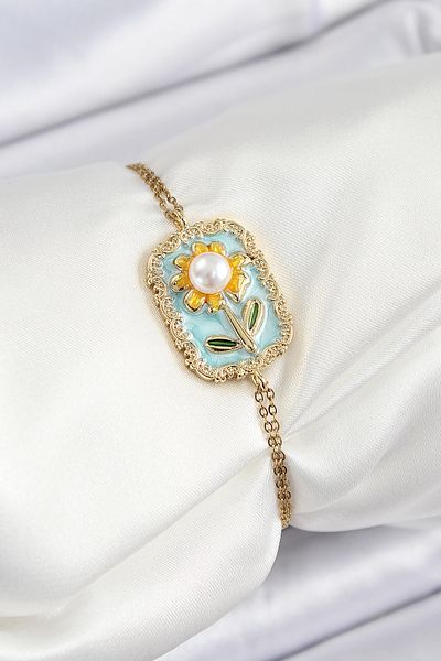 BESKAR 316L Steel Chain Turquoise Enamel Artistic Portrait Pearl Detailed Daisy Model Gold Color Women's Bil