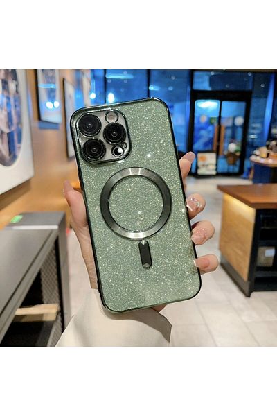 bzstore Carcasă de protecție 2 în 1, Flippy, pentru iPhone 15 Plus, MagSafe cromată cu sclipici, TPU, magnetică, cu lentilă