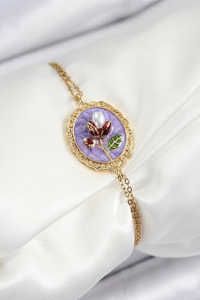 BESKAR 316L Steel Chain Purple Enameled Artistic Portrait Pearl Detailed Tulip Model Gold Color Women's Bracelet