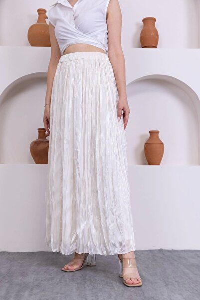 lodmela Crinkle Detailed Skirt 6034-Cream