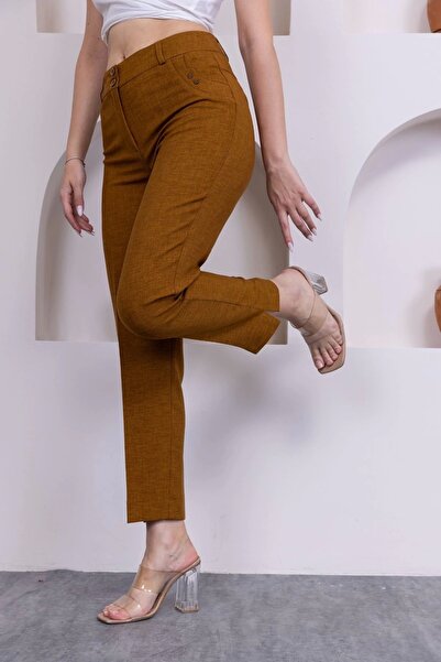 lodmela Cep Detaylı Bilek Boy Kadın Kumaş Pantolon 359-Kahverengi