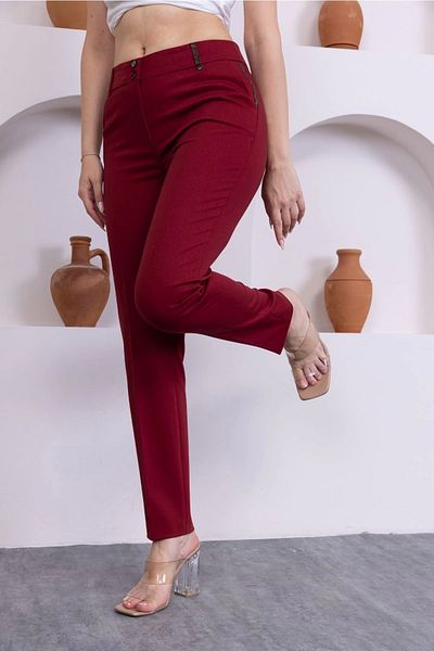 lodmela Leather Detailed Pocket Ankle Length Trousers 3146-Burgundy