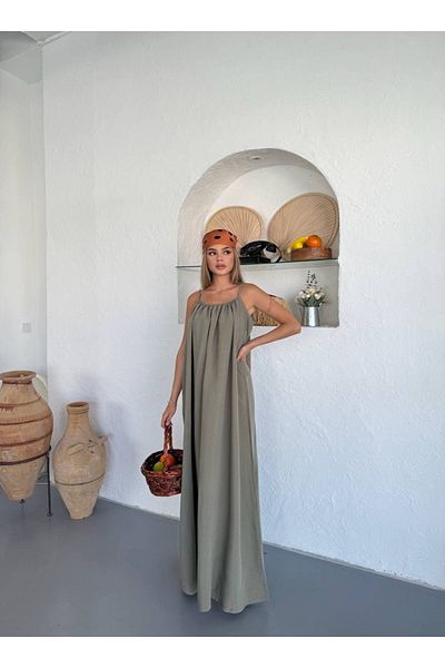 Ahsenbutik Women's Gathered Collar Adjustable Strap Long Dress - Khaki