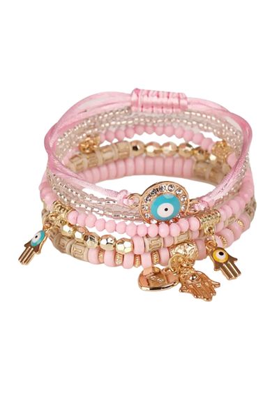 Tessero Women's bracelet with multiple handmade bead strands, adjustable size, Tessero, pink